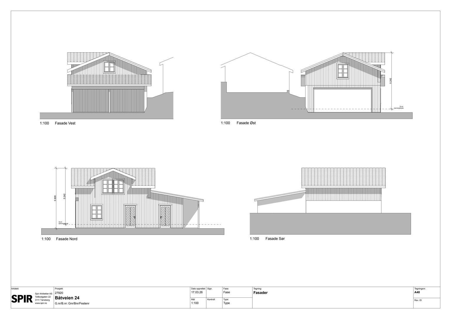 Fasadetegning som viser bygningens utsyn fra fire sider (Vest, Øst, Nord, Sør) med mål og detaljer.