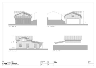 Fasadetegning som viser bygningens utsyn fra fire sider (Vest, Øst, Nord, Sør) med mål og detaljer.