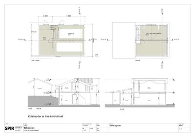Bildet viser snittegninger (Snitt A og Snitt B) for en bygning, inkludert etasjeplaner og kotehøyder.