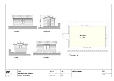Bildet viser en tegning som inneholder både fasadeopprikk (Sørvest, Nordvest, Sørøst, Nordøst) og en plantegning for et anneks.