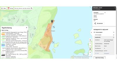Et digitalt kart (Gensio-kart) som viser situasjon for eiendom i Hillesjøen, Grend, med kommunale planer og arealbruksinndeling.