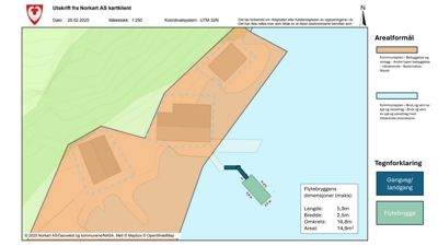 Situasjonsplan som viser tomtens form, arealformål (bebyggelse, brukt og vern), og plassering av en flytebro.