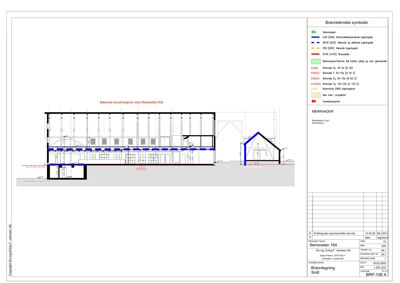 Snittegning som viser bygningens tverrsnitt, bærende konstruksjoner og brannvern.