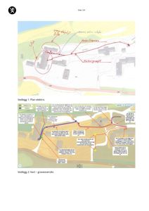 Bildet viser to tegninger relatert til en byggesak. Øverste del er en situasjonsplan med røde sirkler og streker som markerer graveområder og kabler. Nedre del er en detaljert graveoversikt med tekniske notasjoner om kabler og gravegraver.