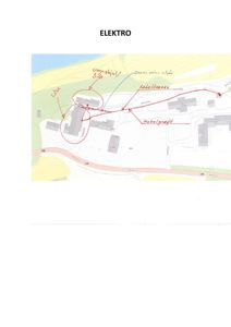 Situasjonsplan som viser plassering av bygninger på tomten, samt ruter for kabler og vannledninger.