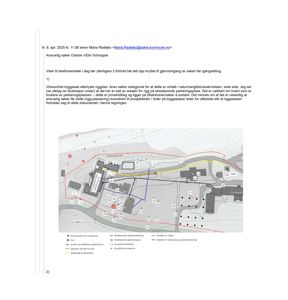Situasjonsplan eller tomtetekning som viser parkeringsplass, vegnett, og tilknytningslinjer til eksisterende infrastruktur.