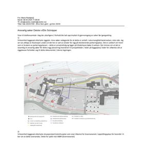 Situasjonsplan som viser bygningens plassering i forhold til nabolag, vegger, parkeringsplasser og andre infrastruktur.