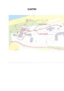 Situasjonsplan som viser bygningenes plassering på tomten, samt ruter for kabler og vannledninger.