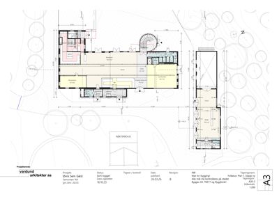 Etasjeplan (Folketun Plan 1, Etasje ny) som viser romfordeling, mål og funksjoner i bygningen.