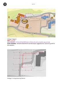 Situasjonsplan som viser bygningenes plassering på tomten, terrengforhold og infrastruktur.