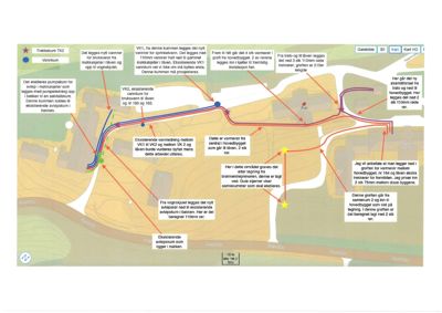 Situasjonsplan som viser rørledninger, varmerør og vannrør i et område med bygninger og bakker.