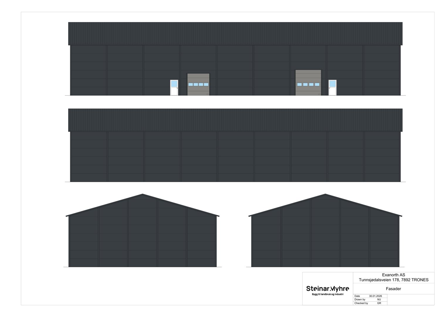 Fasadetegning som viser front- og sideutsikt av en bygning.