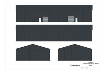 Fasadetegning som viser front- og sideutsikt av en bygning.