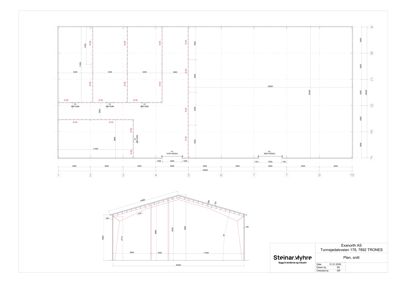 Snittegning som viser tverrsnittet av takkonstruksjonen og takform.