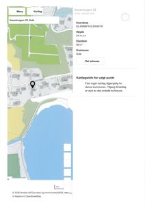 Kartutsnitt som viser eiendommen Vassetvegen 22 i Sula, med koordinater, høyde og eiendomsgrenser.