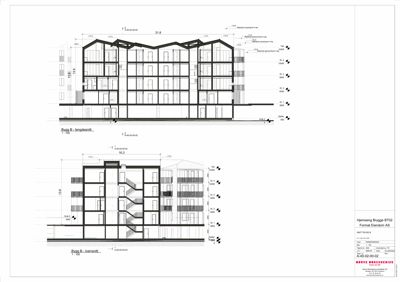 Snittegning av en bygning (Bygg B) som viser tverrsnittet gjennom etasjene, takkonstruksjonen og innvendige romfordelinger.