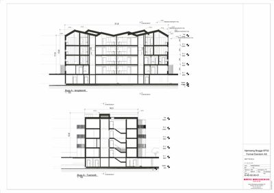 Snittegning som viser tverrsnitt gjennom to bygninger (Bygg A - langdelt og Bygg A - Tverrsnitt) med detaljer om etasjer, høyder, vinduer og trapper.