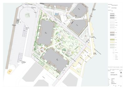 Situasjonsplan som viser tomtens grenser, bygninger, veier, parkeringsplasser og vegetasjon.