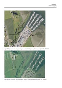 Flyfoto som viser en marina med båtplasser, en bygning, og omgivende arealer. Bildet er merket som 'Figur 2' og 'Figur 3' og viser plassering av installasjoner og tidligere drivhus.