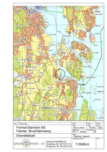 Oversiktskart over et område i Norge (Notterøy, Husøy, Færder) med bygningsplassering markert med en sirkel.