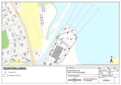Forurensningskart som viser tomtens beliggenhet i forhold til nabolag, vann og infrastruktur, samt prøvetakingspunkter.