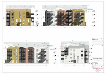 Fasadetegning som viser bygningens utseende fra fire sider (Nord, Øst, Vest, Sør) med mål og detaljer.