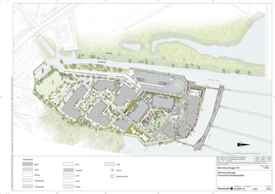 Overordnet landskapsplan som viser plassering av bygninger, veier, grøntområder og vann i forhold til hverandre.