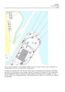 Utsnitt fra en prøvetakingsplan som viser prøvetakingspunkter (GS1-GS4, PG1-PG14, SV1, S2, S3) på en tomt ved en kai.
