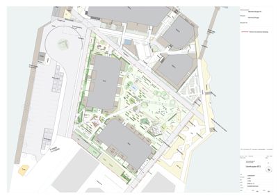 Situasjonsplan (tomteplan) som viser plassering av bygninger (HUS A, B, C), veier, parkeringsplasser og grønne områder i forhold til hverandre.