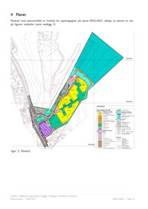 Et plankart (situasjonsplan) som viser et planområde med fargekodet arealbruk, vegnett og topografi.