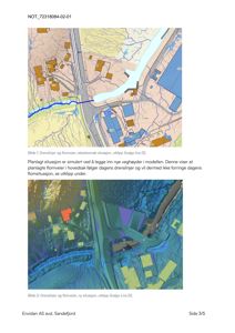 Bildet viser to kartutsnitt (fra programvaren Scalgo Live) som illustrerer eksisterende og planlagt situasjon for drenslinjer og flomveier i et område.