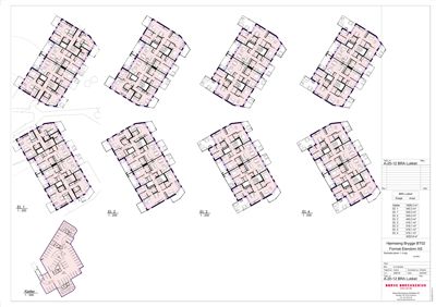 Etasjeplaner for et fleretasjes bygg (El. 1-4 og Kjøler) med romfordeling og arealoppdelinger.