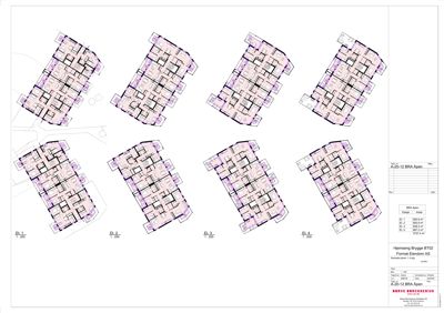 Etasjeplaner (E1.1 - E1.4) som viser romfordeling og areal for et fleretasjes bygg.
