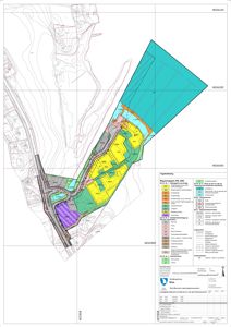 Situasjonsplan som viser tomtens form, beliggenhet, naboeiendommer, reguleringszoner (fargekodet) og infrastruktur.