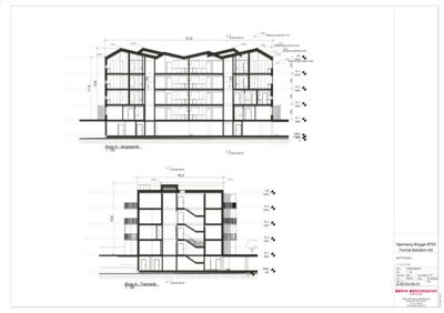 Snittegning som viser tverrsnitt gjennom to bygninger (Bygg A - langdelt og Bygg A - Tverrsnitt) med detaljer om etasjer, høyder, vinduer og trapper.