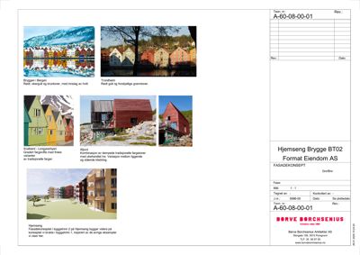 Et dokument som viser en samling av 5 ulike fasadeinspirasjoner (fotografier) fra andre steder, samt en 3D-rendering av et fasadekonsept for et prosjekt i Hjemseng. Dokumentet inneholder også tekstbeskrivelser og et arkitektfirma-stempel.