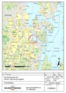 Oversiktskart over et område i Norge med bygningsplassering markert med rød sirkel.