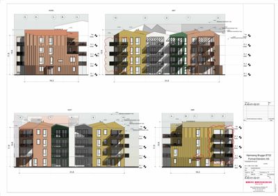 Fasadetegning som viser bygningens utseende fra fire sider (Nord, Øst, Vest, Sør) med mål og detaljer.