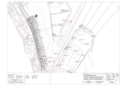 Situasjonsplan som viser topografi, eksisterende og planlagt infrastruktur (veier, jernbane) samt bygningers plassering på tomt.