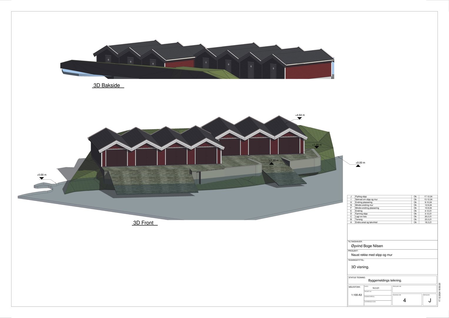 3D-visualisering av en bygning med flere etasjer, vist fra front og bakside.