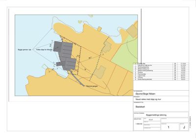 Situasjonsplan som viser tomtens grenser, bygningens plassering i forhold til nabotomter, og tilkomstveier.