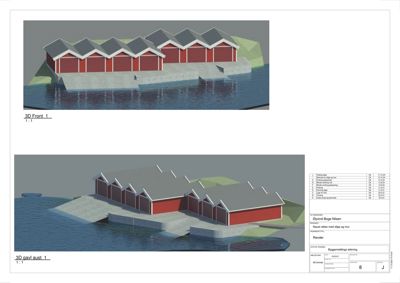 3D-visualisering av en bygning med flere etasjer og takflater, sett fra to ulike vinkler.