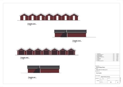 Fasadetegning som viser bygningens utseende fra fire sider (aust, nord, vest, sør).