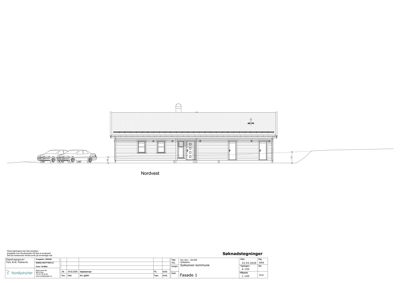 Tegning som viser bygningens utseende sett fra nordvest, inkludert vinduer, dører og takform.