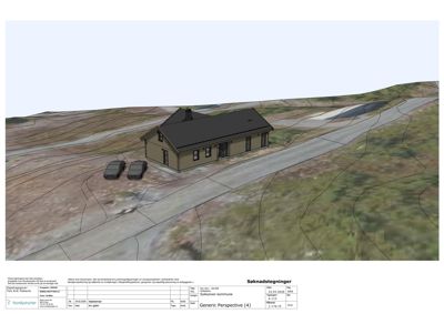 3D-visualisering (rendering) av en husetasje med omgivelser, sett fra en vinkel som viser fasade og terreng.