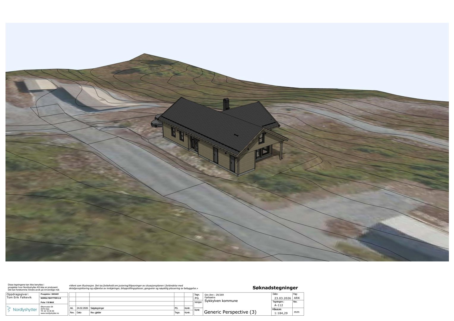 3D-visualisering (rendering) av en husetasje i et terreng med topografi og vei.