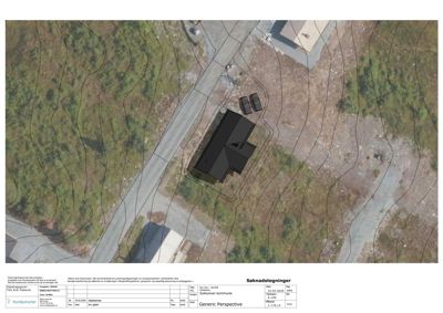 Bildet viser en 3D-visualisering av en bygning sett fra luften, plassert på en tomt med konturlinjer. Det er en fotorealistisk illustrasjon som viser bygningens form og plassering i forhold til omgivelsene.