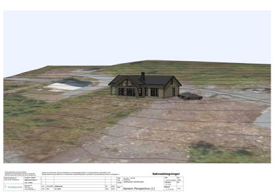 3D-visualisering av en husmodell på et terreng med bil og omgivelser.