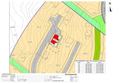 Situasjonsplan som viser bygningens plassering i forhold til terrenget (konturlinjer), veier og nabolag.