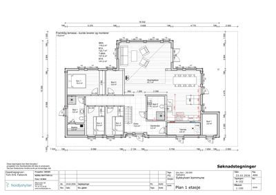 Etasjeplan (Plan 1 etasje) som viser romfordeling, dimensjoner og arealoppdelinger for en bolig.